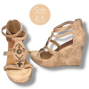 Women’s Wedge Sandals, Tan/Sand Beaded Braided Trim, Fall Shoes, beige Suede 6.5